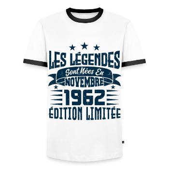 les légendes sont nées en novembre 1962, Cadeau. - T-shirt contrasté Homme - blanc/noir - Devant - AI Model Female 172 light (172cm) & AI Model Male 178 dark (178cm)
