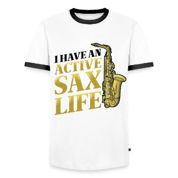 J’ai une vie active de saxophone, le saxophone jazz. - T-shirt contrasté Homme - blanc/noir - Devant - AI Model Female 172 light (172cm) & AI Model Male 178 dark (178cm)