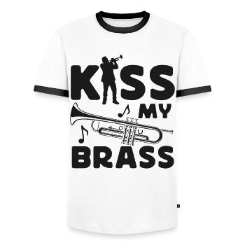 Trumpet Player Pun Kiss My Brass - Männer Kontrast-T-Shirt - Weiß/Schwarz - Vorne - AI Model Female 172 light (172cm) & AI Model Male 178 dark (178cm)