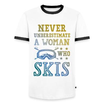 don't underestimate a ski woman - Men's Ringer Shirt - white/black - Front - AI Model Female 172 light (172cm) & AI Model Male 178 dark (178cm)