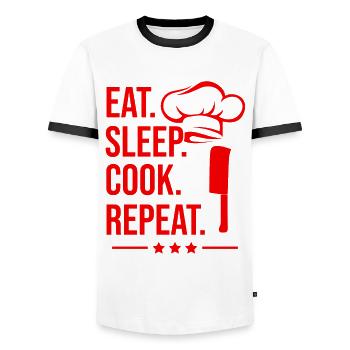 Manger dormir cuisiner répéter - T-shirt contrasté Homme - blanc/noir - Devant - AI Model Female 172 light (172cm) & AI Model Male 178 dark (178cm)
