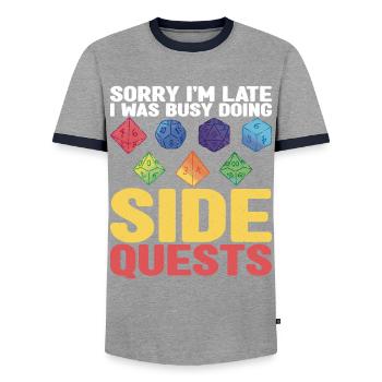 Pen and Paper for RPG Gaming Father - Men's Ringer Shirt - grey/navy  - Front - AI Model Female 172 light (172cm) & AI Model Male 178 light (178cm)