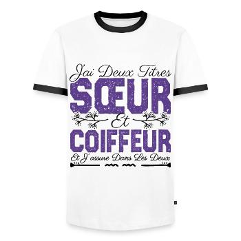 J'ai deux titres Sœur et coiffeuse Cadeau soeur. - T-shirt contrasté Homme - blanc/noir - Devant - AI Model Female 172 light (172cm) & AI Model Male 178 dark (178cm)