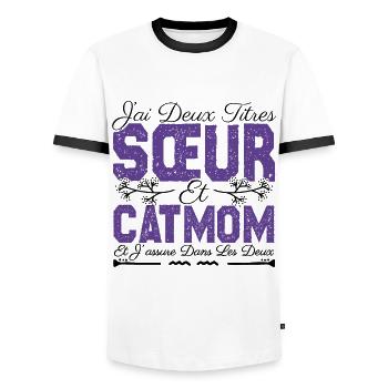 J'ai deux titres Sœur et catmom. Cadeau soeur.chat - T-shirt contrasté Homme - blanc/noir - Devant - AI Model Female 172 light (172cm) & AI Model Male 178 dark (178cm)