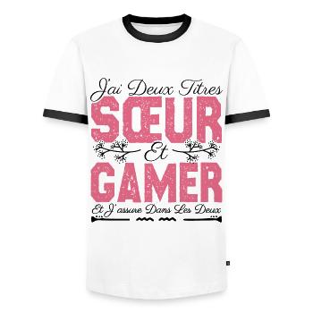 J'ai deux titres Sœur et Gamer. Cadeau soeur . - T-shirt contrasté Homme - blanc/noir - Devant - AI Model Female 172 light (172cm) & AI Model Male 178 dark (178cm)