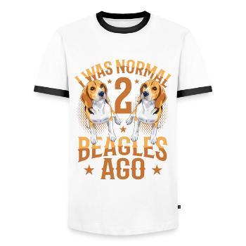 J’étais normal devant 2 beagles. - T-shirt contrasté Homme - blanc/noir - Devant - AI Model Female 172 light (172cm) & AI Model Male 178 dark (178cm)