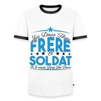 J'ai deux titres frère et Soldat. Cadeau. - T-shirt contrasté Homme - blanc/noir - Devant - AI Model Female 172 light (172cm) & AI Model Male 178 dark (178cm)
