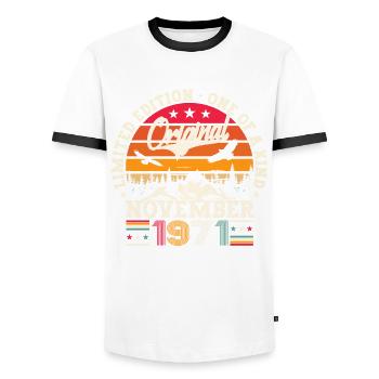 Original November 1971 51st birthday gift - Men's Ringer Shirt - white/black - Front - AI Model Female 172 light (172cm) & AI Model Male 178 dark (178cm)