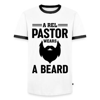 A real pastor wears a beard of Christian - Men's Ringer Shirt - white/black - Front - AI Model Female 172 light (172cm) & AI Model Male 178 dark (178cm)