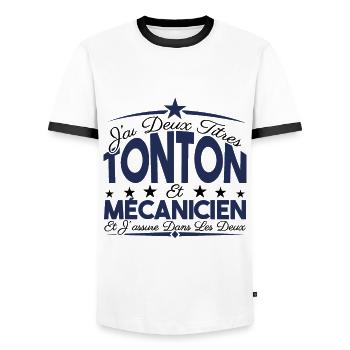J'ai deux titres tonton et mécanicien. Cadeau. - T-shirt contrasté Homme - blanc/noir - Devant - AI Model Female 172 light (172cm) & AI Model Male 178 dark (178cm)