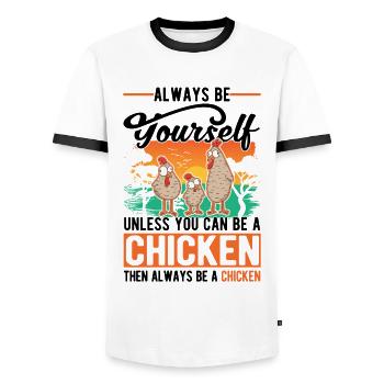 Poulets Élevage de poulets Éleveur de poulet - T-shirt contrasté Homme - blanc/noir - Devant - AI Model Female 172 light (172cm) & AI Model Male 178 dark (178cm)