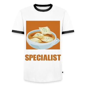 Certified Maultaschen Specialist Herrgottsbescheiß - Men's Ringer Shirt - white/black - Front - AI Model Female 172 light (172cm) & AI Model Male 178 dark (178cm)