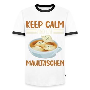 KEEP CALM AND EAT MAULTASCHEN - Männer Kontrast-T-Shirt - Weiß/Schwarz - Vorne - AI Model Female 172 light (172cm) & AI Model Male 178 dark (178cm)