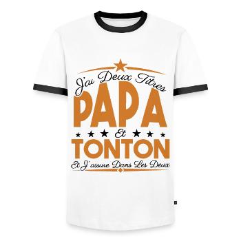 J'ai deux titres Papa et Tonton, Cadeau Papa. - T-shirt contrasté Homme - blanc/noir - Devant - AI Model Female 172 light (172cm) & AI Model Male 178 dark (178cm)