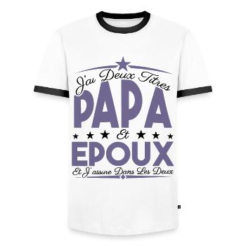 J'ai deux titres Papa et Epoux, Cadeau Papa. - T-shirt contrasté Homme - blanc/noir - Devant - AI Model Female 172 light (172cm) & AI Model Male 178 dark (178cm)