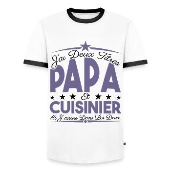 J'ai deux titres Papa et Cuisinier, Cadeau Papa. - T-shirt contrasté Homme - blanc/noir - Devant - AI Model Female 172 light (172cm) & AI Model Male 178 dark (178cm)