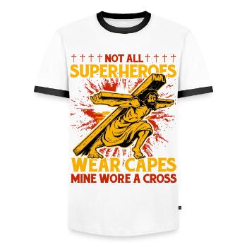 Not all Superheroes wear capes mine wore a Cross - Männer Kontrast-T-Shirt - Weiß/Schwarz - Vorne - AI Model Female 172 light (172cm) & AI Model Male 178 dark (178cm)