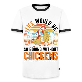 Poulets Élevage de poulets Éleveur de poulet - T-shirt contrasté Homme - blanc/noir - Devant - AI Model Female 172 light (172cm) & AI Model Male 178 dark (178cm)