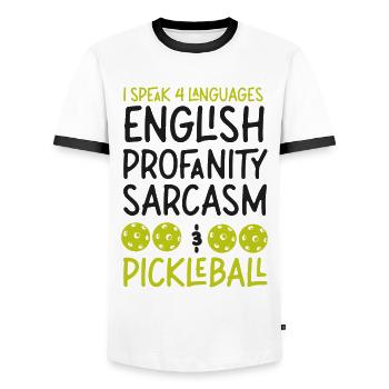 Pickleball I Speak 4 Languages - Men's Ringer Shirt - white/black - Front - AI Model Female 172 light (172cm) & AI Model Male 178 dark (178cm)