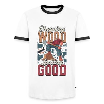 Chopping wood and looking good Woodworker - Men's Ringer Shirt - white/black - Front - AI Model Female 172 light (172cm) & AI Model Male 178 dark (178cm)