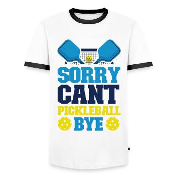 Pickleball Sorry. Cant. Pickleball - Men's Ringer Shirt - white/black - Front - AI Model Female 172 light (172cm) & AI Model Male 178 dark (178cm)