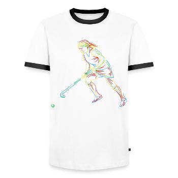Field hockey Hockey player Hockey - Men's Ringer Shirt - white/black - Front - AI Model Female 172 light (172cm) & AI Model Male 178 dark (178cm)