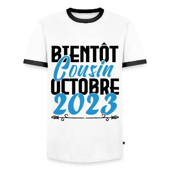 Annonce grossesse. bientôt Cousin Octobre 2023. - T-shirt contrasté Homme - blanc/noir - Devant - AI Model Female 172 light (172cm) & AI Model Male 178 dark (178cm)