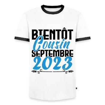 Annonce grossesse. bientôt Cousin Septembre 2023. - T-shirt contrasté Homme - blanc/noir - Devant - AI Model Female 172 light (172cm) & AI Model Male 178 dark (178cm)