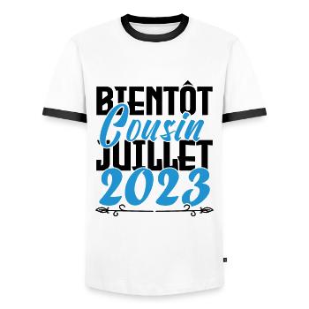 Annonce grossesse bientôt Cousin Juillet 2023. - T-shirt contrasté Homme - blanc/noir - Devant - AI Model Female 172 light (172cm) & AI Model Male 178 dark (178cm)