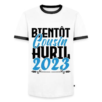 Annonce grossesse. bientôt Cousin Avril 2023. - T-shirt contrasté Homme - blanc/noir - Devant - AI Model Female 172 light (172cm) & AI Model Male 178 dark (178cm)