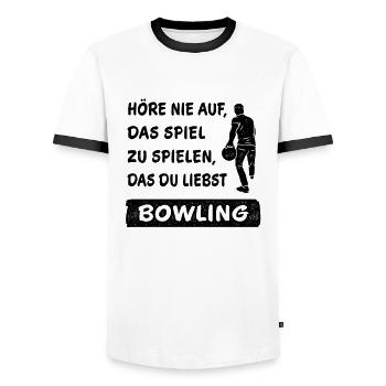 Never Stop Playing the Game Bowling Gift - Men's Ringer Shirt - white/black - Front - AI Model Female 172 light (172cm) & AI Model Male 178 dark (178cm)