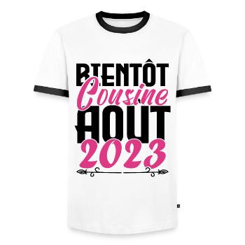 Cadeau Annonce grossesse bientôt Cousine Aout 2023 - T-shirt contrasté Homme - blanc/noir - Devant - AI Model Female 172 light (172cm) & AI Model Male 178 dark (178cm)