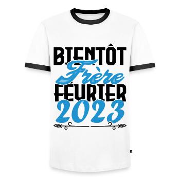 Annonce grossesse. bientôt Frère Février 2023. - T-shirt contrasté Homme - blanc/noir - Devant - AI Model Female 172 light (172cm) & AI Model Male 178 dark (178cm)