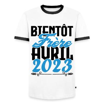Cadeau Annonce grossesse bientôt Frère Avril 2023. - T-shirt contrasté Homme - blanc/noir - Devant - AI Model Female 172 light (172cm) & AI Model Male 178 dark (178cm)