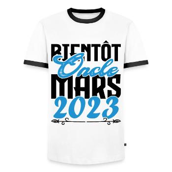 Cadeau Annonce grossesse. bientôt Oncle Mars 2023. - T-shirt contrasté Homme - blanc/noir - Devant - AI Model Female 172 light (172cm) & AI Model Male 178 dark (178cm)