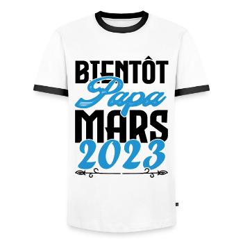 Cadeau Annonce grossesse. bientôt Papa Mars 2023. - T-shirt contrasté Homme - blanc/noir - Devant - AI Model Female 172 light (172cm) & AI Model Male 178 dark (178cm)