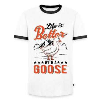 La vie est meilleure avec une oie reproductrice d’oies - T-shirt contrasté Homme - blanc/noir - Devant - AI Model Female 172 light (172cm) & AI Model Male 178 dark (178cm)