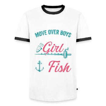 Fishing Girls Rod Fisher Fish Fisherman Fishing - Men's Ringer Shirt - white/black - Front - AI Model Female 172 light (172cm) & AI Model Male 178 dark (178cm)