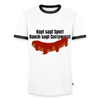 Kopf sagt Sport Bauch sagt Currywurst - Spruch - Männer Kontrast-T-Shirt - Weiß/Schwarz - Vorne - AI Model Female 172 light (172cm) & AI Model Male 178 dark (178cm)