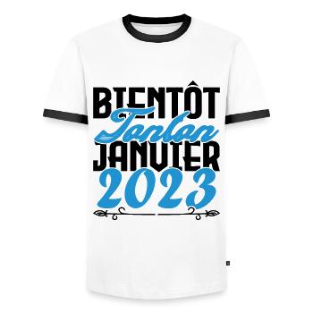Annonce grossesse. bientôt Tonton Janvier 2023. - T-shirt contrasté Homme - blanc/noir - Devant - AI Model Female 172 light (172cm) & AI Model Male 178 dark (178cm)