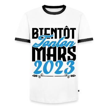 Cadeau Annonce grossesse bientôt Tonton Mars 2023 - T-shirt contrasté Homme - blanc/noir - Devant - AI Model Female 172 light (172cm) & AI Model Male 178 dark (178cm)