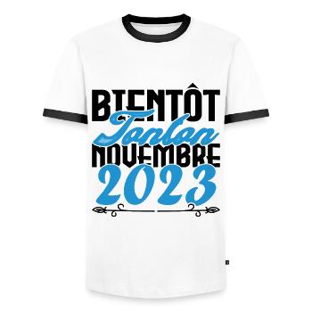 Annonce grossesse. bientôt Tonton Novembre 2023. - T-shirt contrasté Homme - blanc/noir - Devant - AI Model Female 172 light (172cm) & AI Model Male 178 dark (178cm)