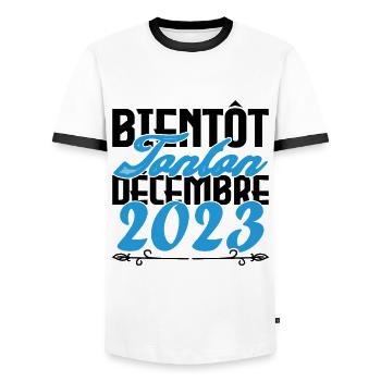 Annonce grossesse. bientôt Tonton Décembre 2023. - T-shirt contrasté Homme - blanc/noir - Devant - AI Model Female 172 light (172cm) & AI Model Male 178 dark (178cm)
