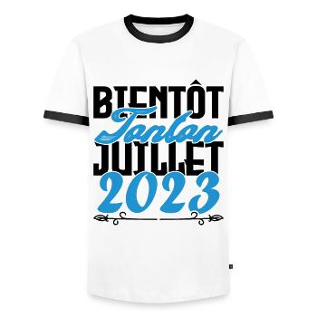Annonce grossesse. bientôt Tonton Juillet 2023. - T-shirt contrasté Homme - blanc/noir - Devant - AI Model Female 172 light (172cm) & AI Model Male 178 dark (178cm)