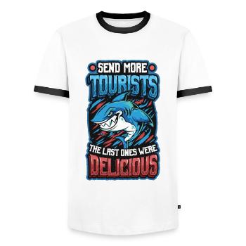 Schicken Sie Mehr Touristen - Männer Kontrast-T-Shirt - Weiß/Schwarz - Vorne - AI Model Female 172 light (172cm) & AI Model Male 178 dark (178cm)