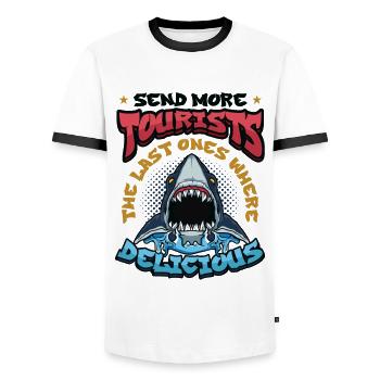 Schicken Sie Mehr Touristen - Männer Kontrast-T-Shirt - Weiß/Schwarz - Vorne - AI Model Female 172 light (172cm) & AI Model Male 178 dark (178cm)