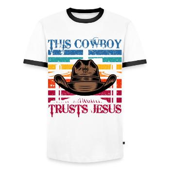 This Cowboy trusts Jesus - Männer Kontrast-T-Shirt - Weiß/Schwarz - Vorne - AI Model Female 172 light (172cm) & AI Model Male 178 dark (178cm)