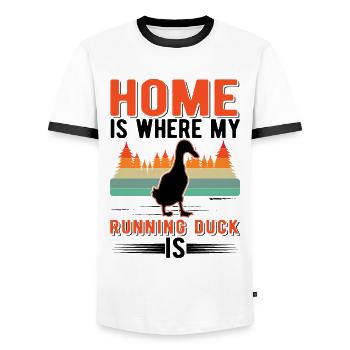 La maison est l’endroit où mon canard qui court est Laufente - T-shirt contrasté Homme - blanc/noir - Devant - AI Model Female 172 light (172cm) & AI Model Male 178 dark (178cm)