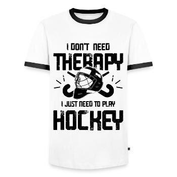 Field Hockey Therapy - Men's Ringer Shirt - white/black - Front - AI Model Female 172 light (172cm) & AI Model Male 178 dark (178cm)
