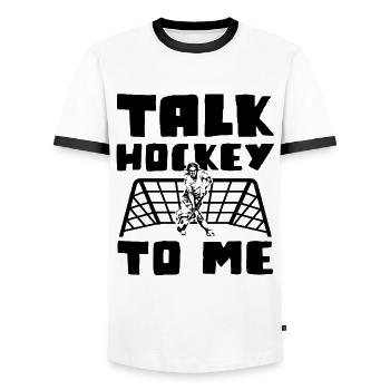 Field Hockey Sports - Men's Ringer Shirt - white/black - Front - AI Model Female 172 light (172cm) & AI Model Male 178 dark (178cm)